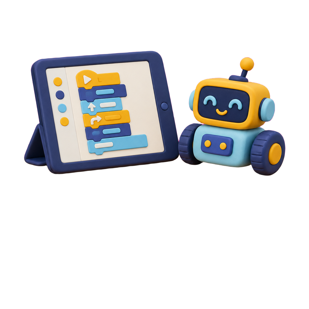 A tablet showing code blocks next to a small robot